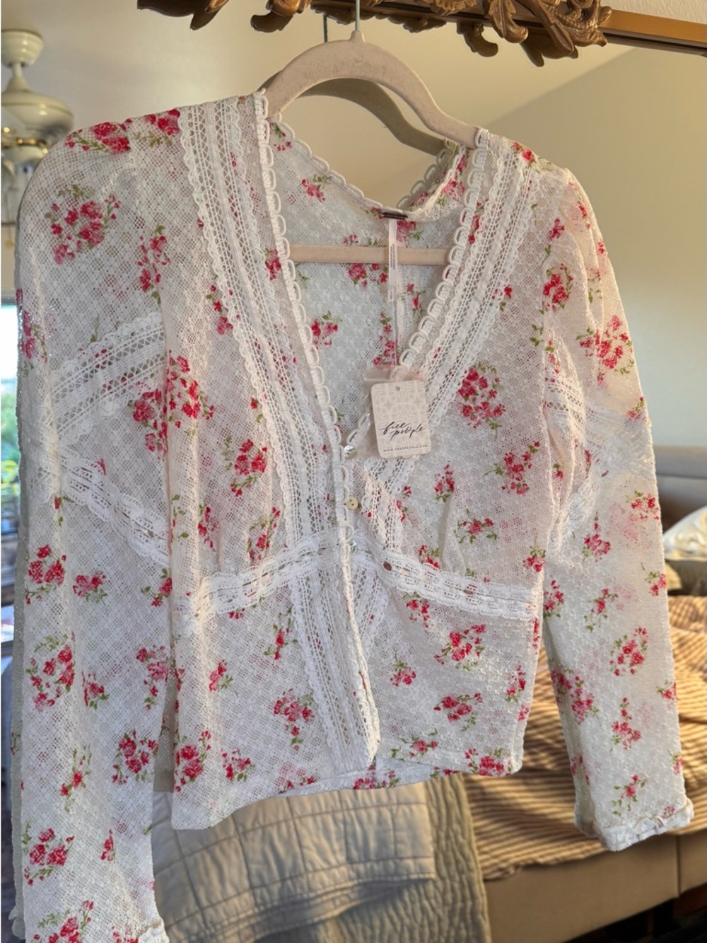 Free People Cream Floral Lace-Trim Blouse with Pink Rose Print